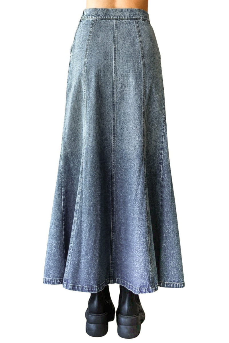 Women's Juniors A-line Flare Paneled Denim Maxi Skirt (71741)