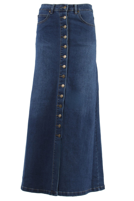 Women's Juniors Button-Down Long A-Line Stretch Denim Maxi Skirt (221-SKT)