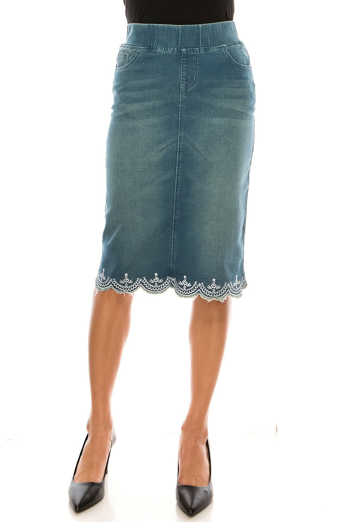 Women s Juniors Plus Size Elastic Waist knee length pencil Stretch Denim Skirt Fashion2Love