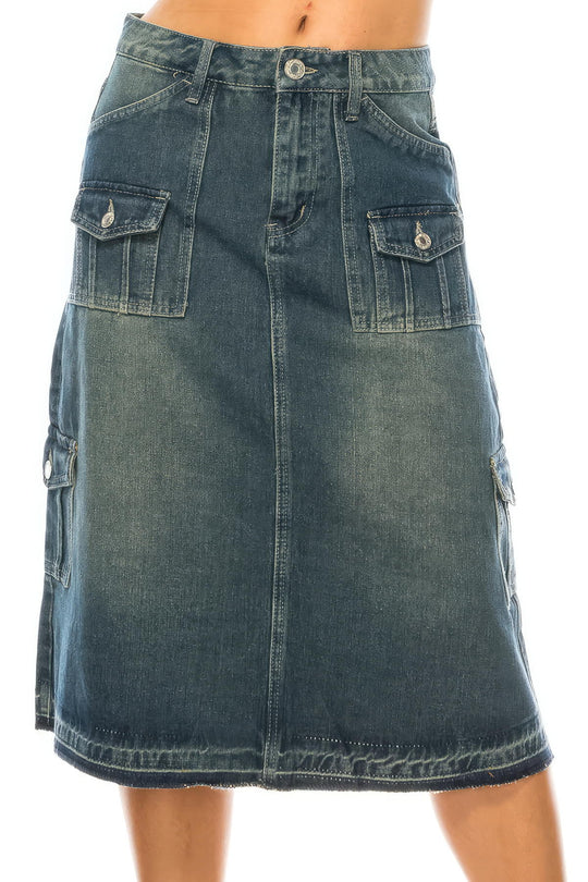 Calf  Length Stretch Denim Cargo Style Skirt (79143-SKT)