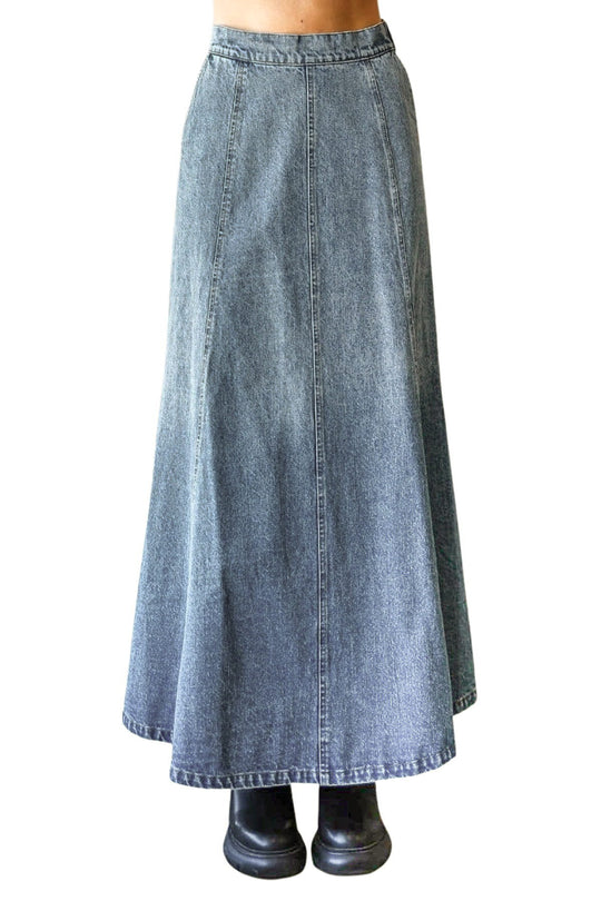 Women's Juniors A-line Flare Paneled Denim Maxi Skirt (71741)
