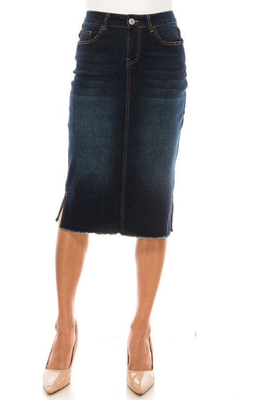 Calf  Length Stretch Denim Pencil Skirt (79051-SKT)