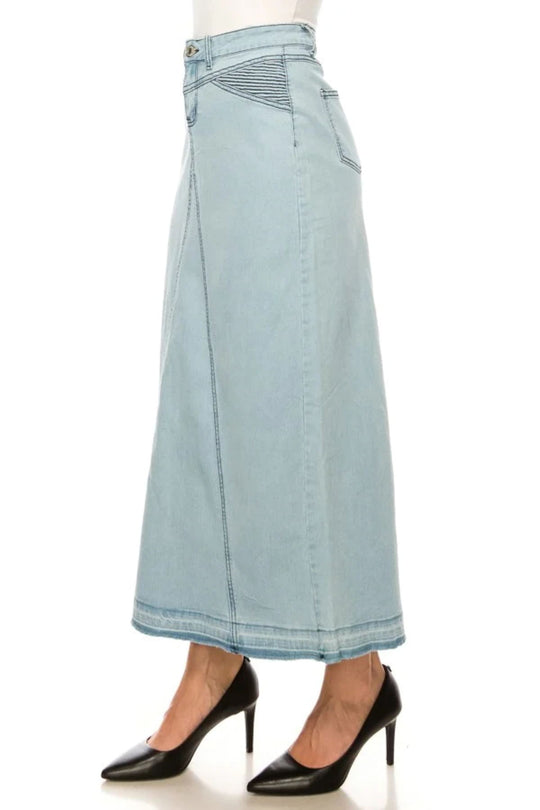 Stretch Denim Long Triangle-Cut Moto Skirt (89107-SKT)
