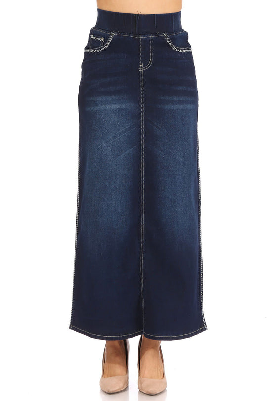 Stretch Denim Long Skirt With Elastic Waist And Embroidery (88040-SKT)