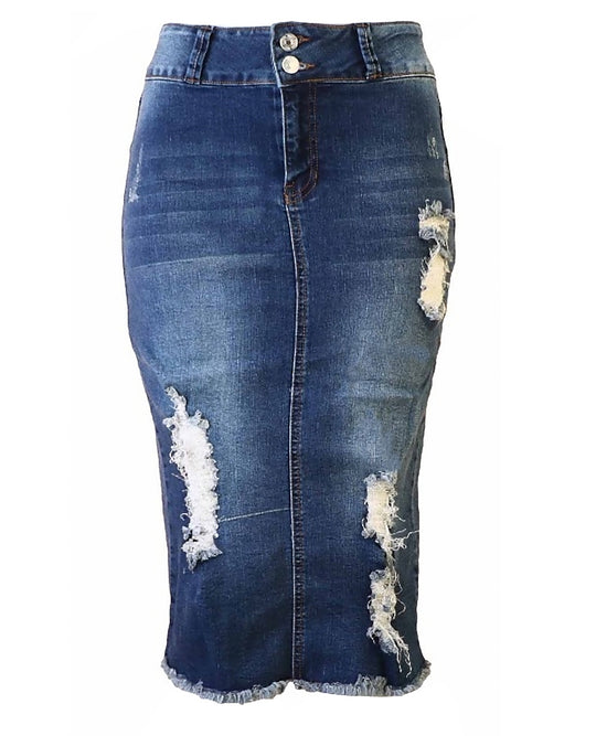 Below Knee Length Midi Pencil Ripped Denim Skirt (Q1000-SKT)