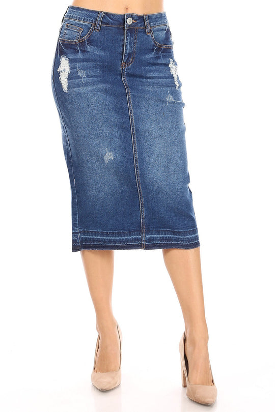 Destroyed Ripped Pencil Stretch Denim Skirt (77883-SKT)