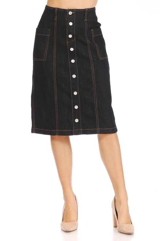 Middle Length Belted Stretch Denim Skirt (77997-SKT)