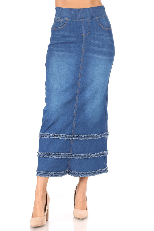  high Waisted Shaping Pull-On Stretch Denim Long Skirt (87804-SKT)