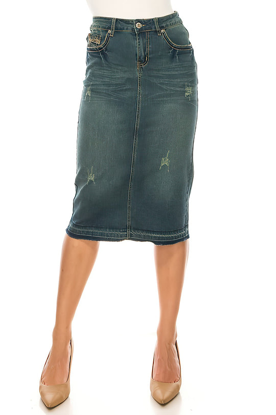 Calf  Length Stretch Denim Pencil Skirt (79097-SKT)