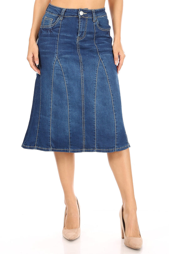 Calf  Length A-Line Stretch Denim Skirt (77857-SKT)