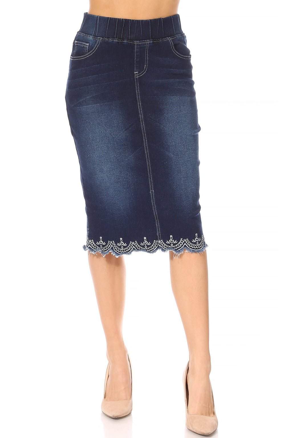 Elastic Waist Knee-Length Pencil Stretch Denim Skirt (79039-SKT)