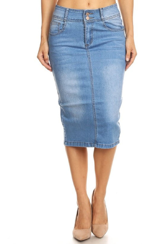 Mid Waist Below Knee Length Denim Skirt In Pencil Silhouette (SKIRT613)