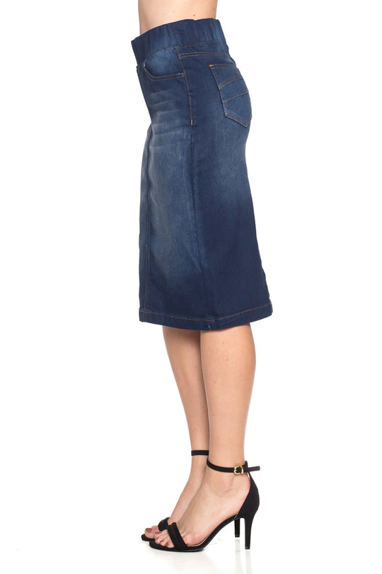  high Waisted Shaping Pull-On Stretch Denim Mid Length Skirt (77104-SKT)