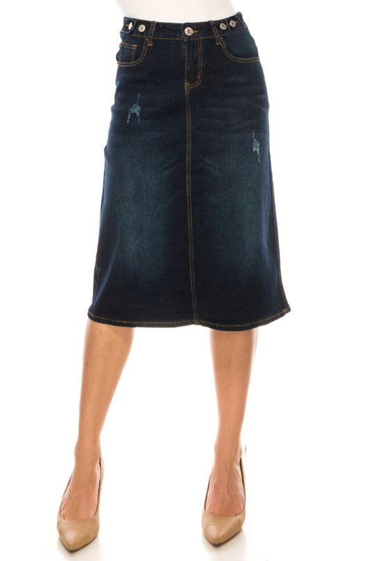 Calf  Length Stretch Denim A-Line Skirt (79098-SKT)