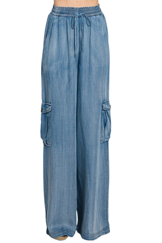 Wide Leg Jeans Drawstring High Waisted Loose Denim Pants (30012)