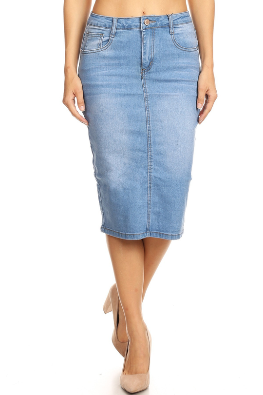 Mid Waist Below Knee Length Denim Skirt In Pencil Silhouette (SKIRT613B)