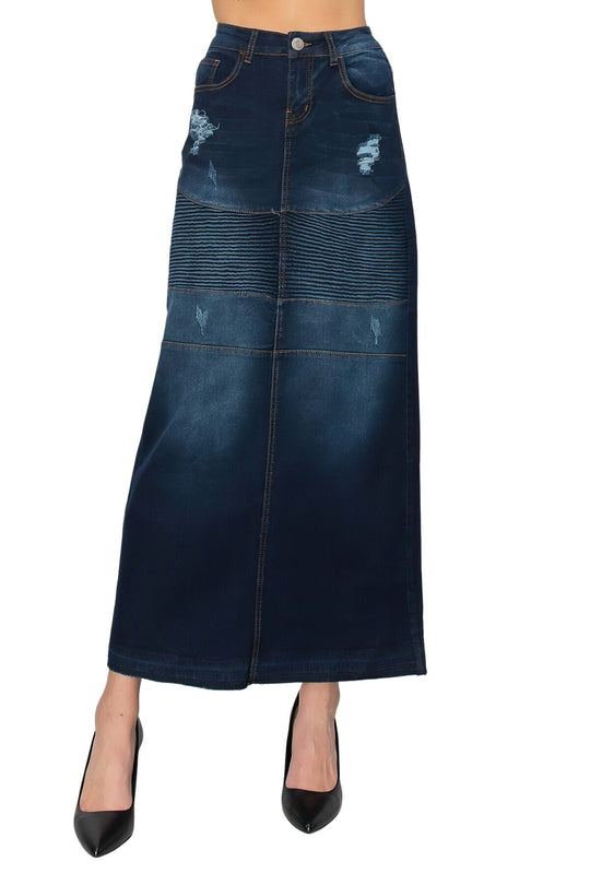 Stretch Denim Long Moto Skirt (89009-SKT)