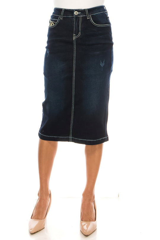 Calf  Length Stretch Denim Pencil Skirt (77856-SKT)