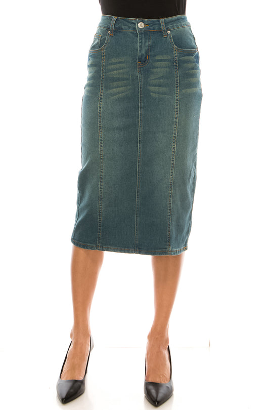 Calf  Length Pencil Stretch Denim Skirt (77105-SKT)