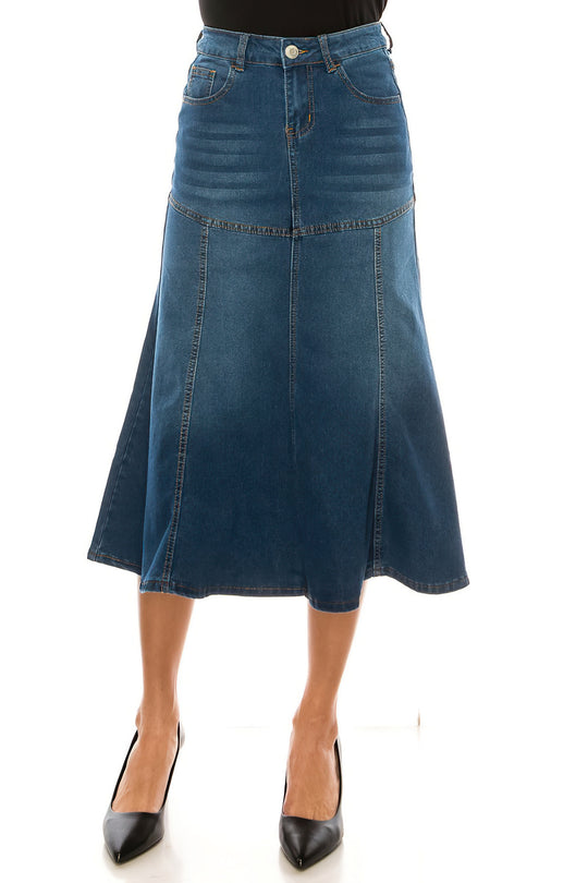 Stretch Denim Calf-Length Flared Skirt (89067-SKT)