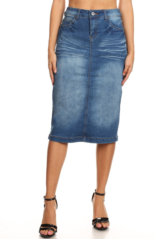 Calf  Length Pencil Stretch Denim Skirt (SG-77239-SKT)
