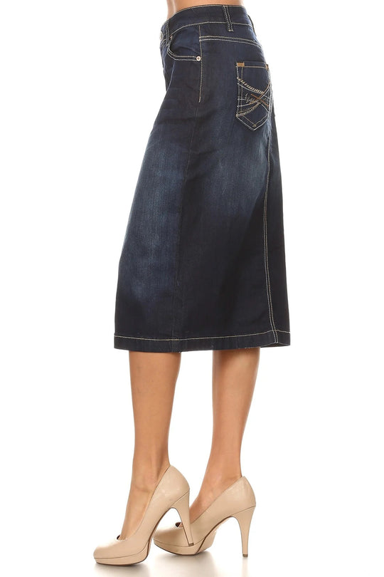 Calf  Length Pencil Stretch Denim Skirt (77368-SKT)