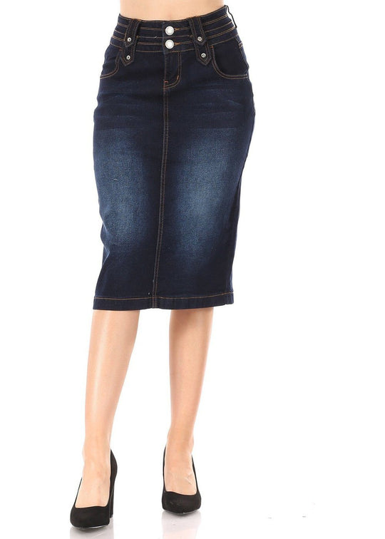 Calf  Length Pencil Stretch Denim Skirt (77952-SKT)
