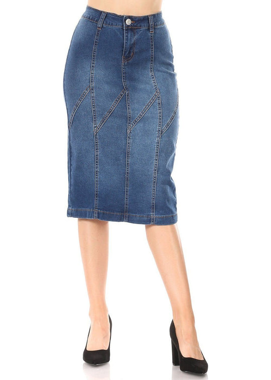 Calf  Length Pencil Stretch Denim Skirt (77953-SKT)