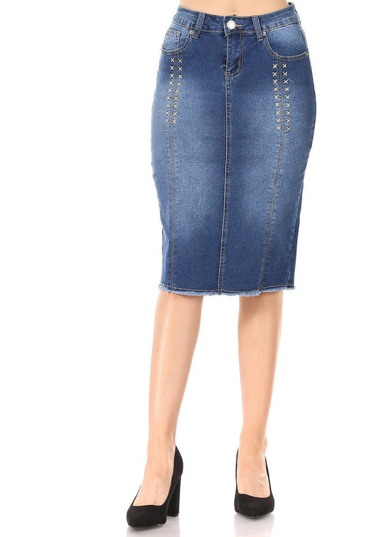 Middle Length Pencil Stretch Denim Skirt (77980-SKT)