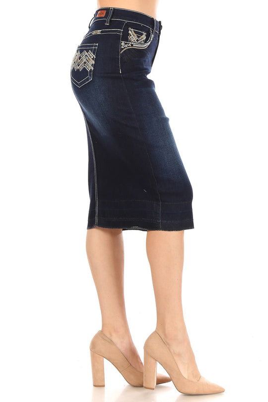 Calf  Length Pencil Stretch Denim Skirt (77851-SKT)