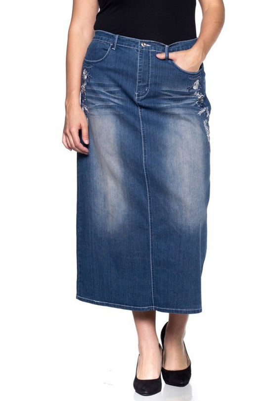 Mid Rise Aline Long Jeans Maxi Denim Embroidered Skirt (86159X)