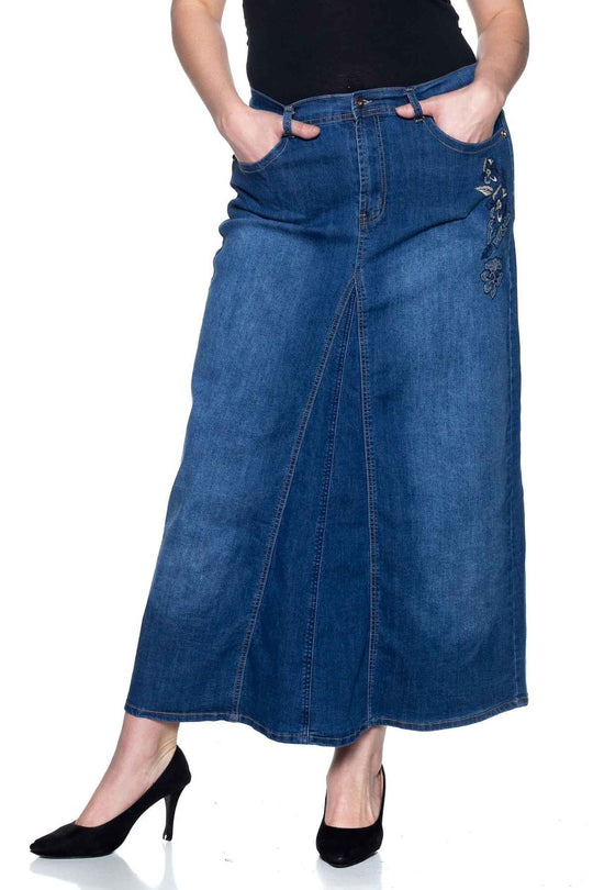Mid Rise Aline Long Jeans Maxi Denim Embroidered Skirt (86255X)