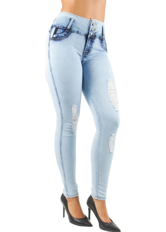 Butt Lift Push Up Mid Waist Ripped Distressed Skinny Jeans (9W745S)