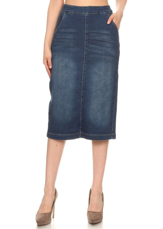 Calf  Length Pencil Stretch Denim Skirt (77482-SKT)