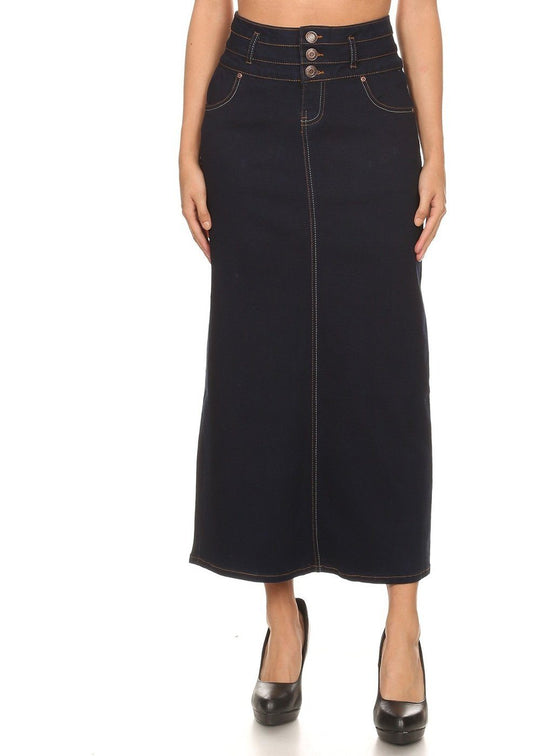 High Waisted Stretch Denim Long Skirt (87501-SKT)