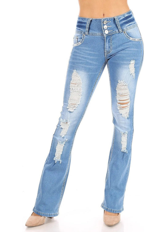 Butt Lift Push Up Mid Waist Ripped Distressed Boot Leg Jeans (DJ3525-BT)
