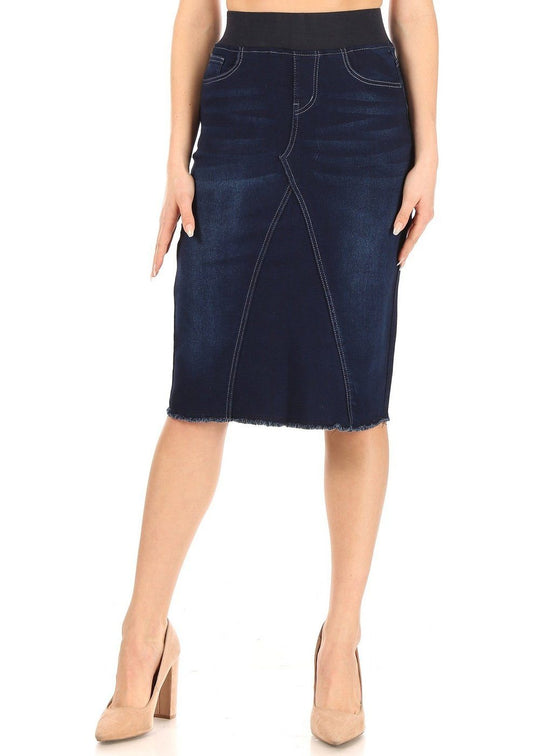 High Waisted Shaping Pullon Stretch Denim Calf Length Skirt (77617-SKT)