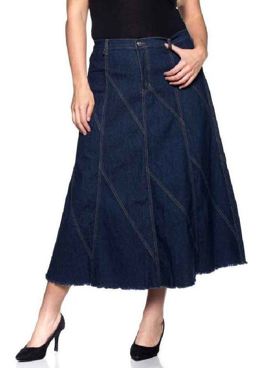 Mid Rise Aline Long Jeans Maxi Denim Skirt (86151X)