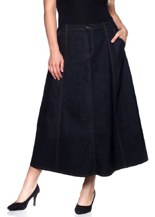 Mid Rise Aline Long Jeans Maxi Denim Skirt (86179X)