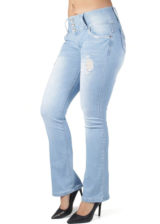 Butt Lift Push Up Mid Waist Ripped Distressed Boot Leg Jeans (DJ3596-BT)