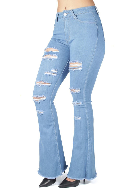 Bell Bottom Ripped Distressed High Waist Flared Stretch Jeans (HY-338)