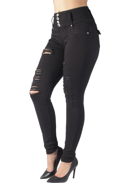 Butt Lift Push Up Mid Waist Ripped Distressed Skinny Jeans (MIC-463SN)