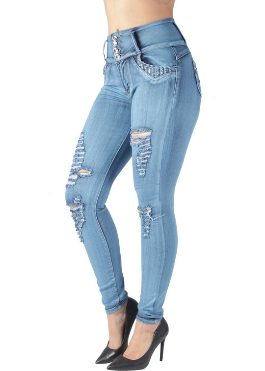 Butt Lift Push Up Mid Waist Ripped Distressed Skinny Jeans (MIC-466SN)