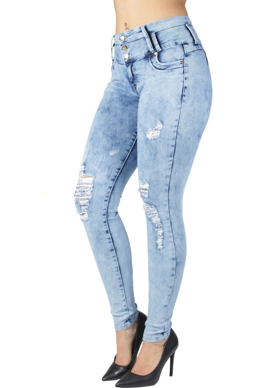Butt Lift Push Up Mid Waist Ripped Distressed Skinny Jeans (MK154)