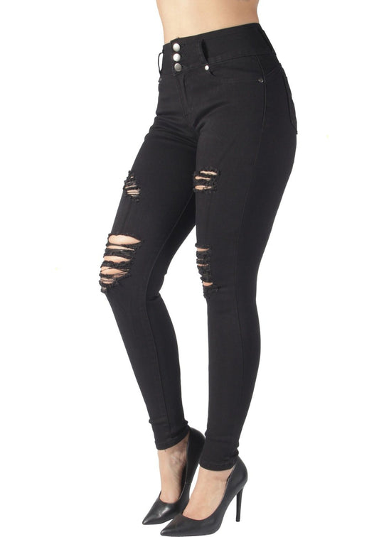 Butt Lift Push Up Mid Waist Ripped Distressed Skinny Jeans (TS-2841)