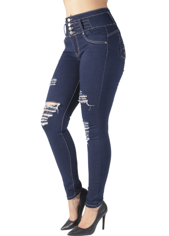 Butt Lift Push Up Mid Waist Ripped Distressed Skinny Jeans (UM-2701)