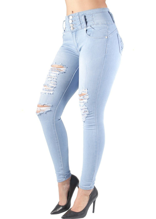 Butt Lift Push Up Mid Waist Ripped Distressed Skinny Jeans (UM-2723)