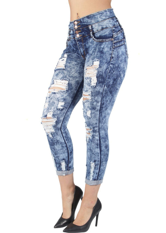 Butt Lift Push Up Mid Waist Ripped Distressed Skinny Jeans (9W099S)