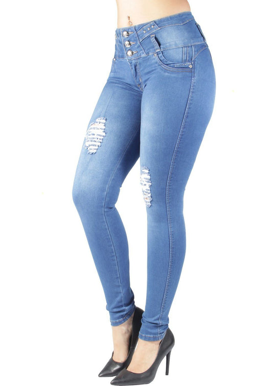 Butt Lift Push Up Mid Waist Ripped Distressed Skinny Jeans (DJ3382)