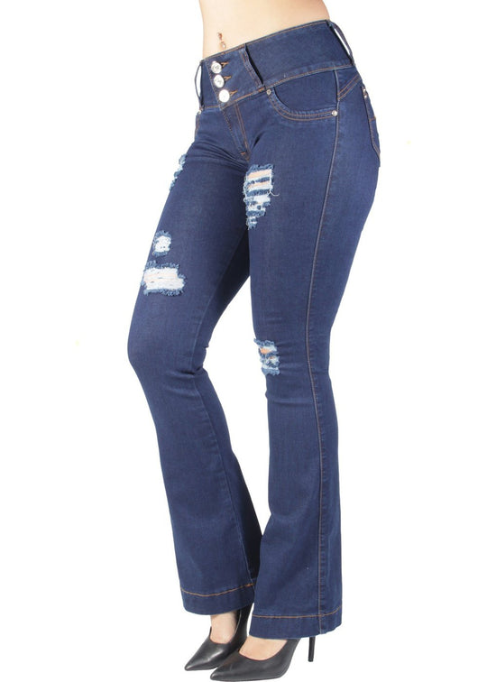 Butt Lift Mid Waist Ripped Distressed Boot Leg Jeans (DJ3613-BT)